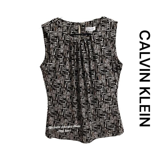 CALVIN KLEIN BLOUSE Size M Black Brown White Sleeveless Geo Print Stretchy Work - Picture 1 of 5